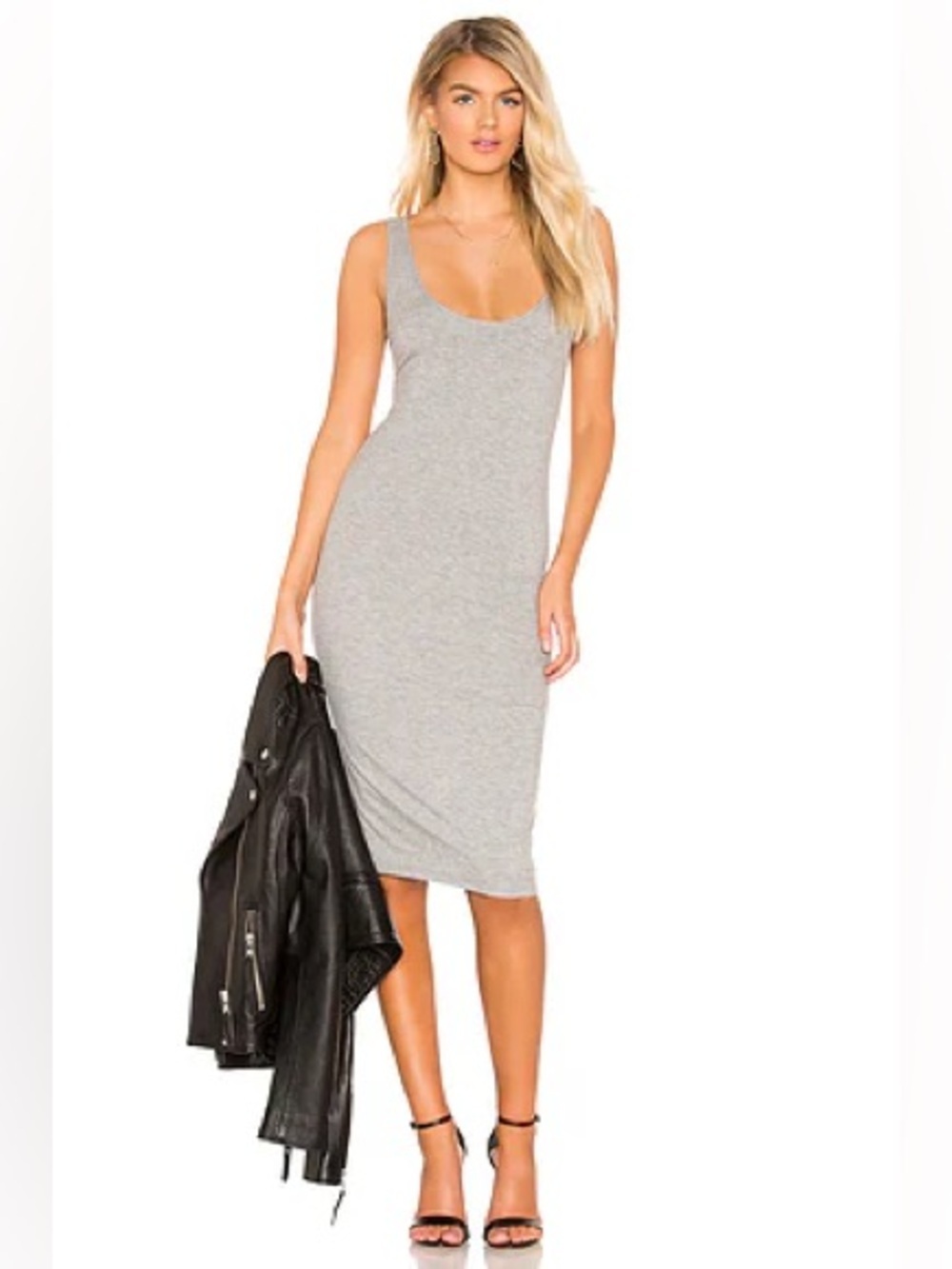 Privacy Please Revolve Joan Heathered Grey Scoop Neck Lined Midi Tank Dress Med